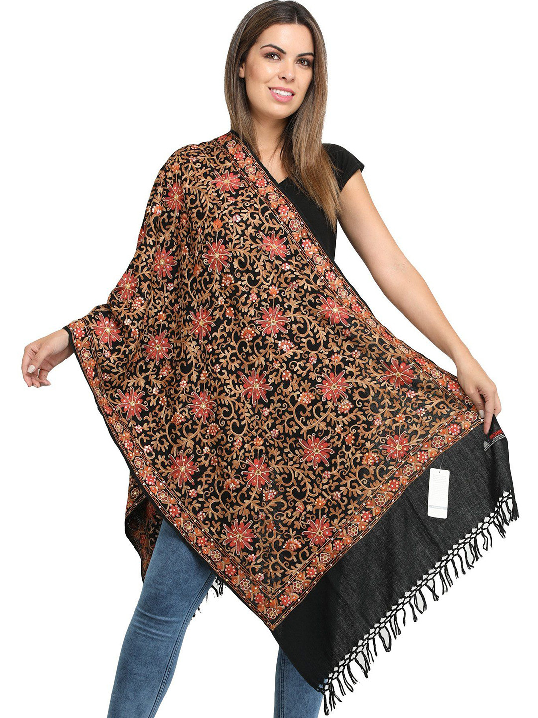 Exotic India Phantom Black Aari Embroidery and Sequins Pure Wool Stole