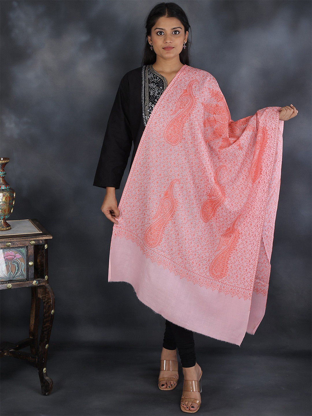 Exotic India Impatiens Pink Pure Wool Sozni Hand Embroidered Paisley Kashmiri Tusha Stole