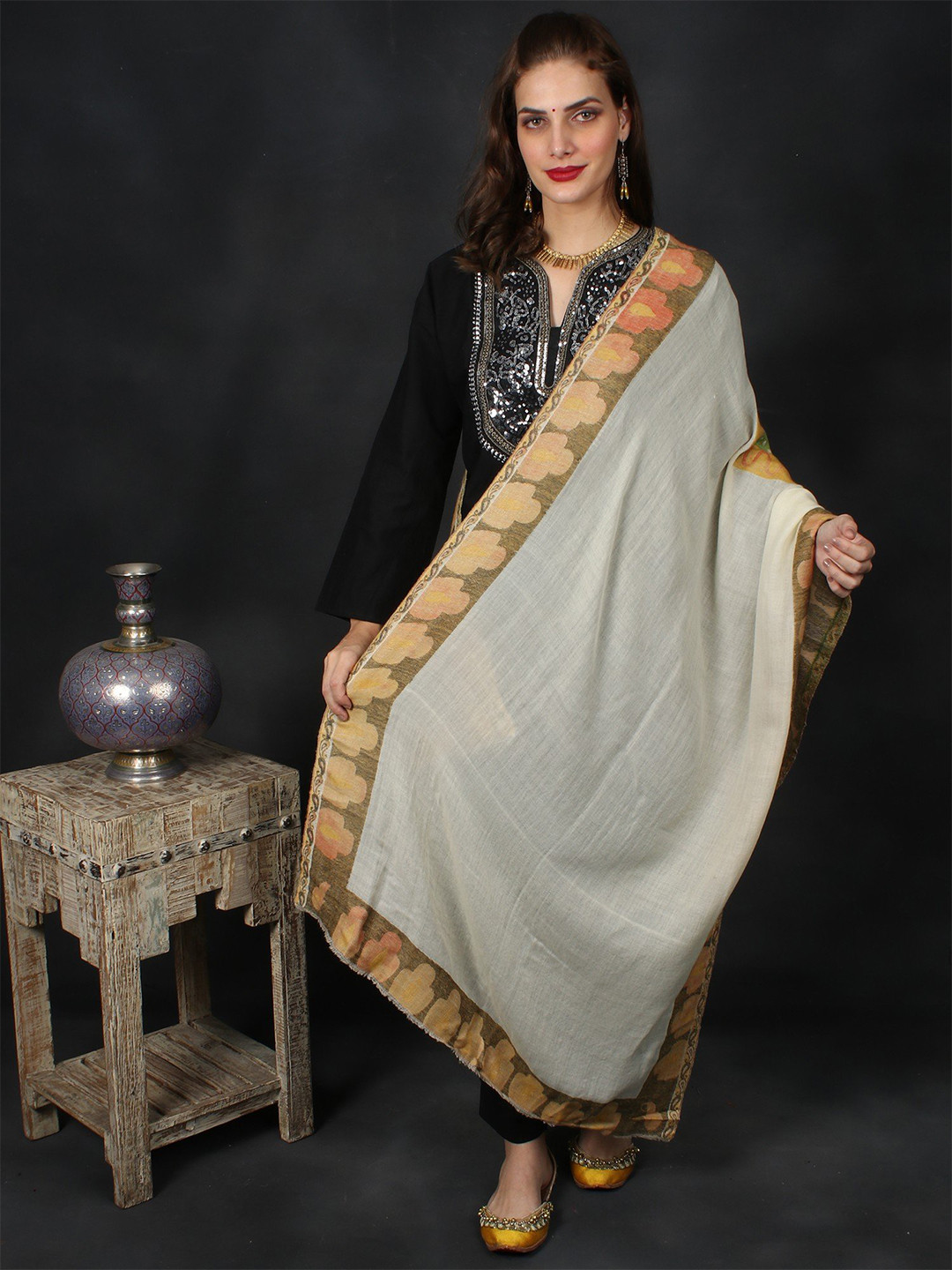 Exotic India Sienna Woven Large Paisleys Pure Cashmere Wool Stole