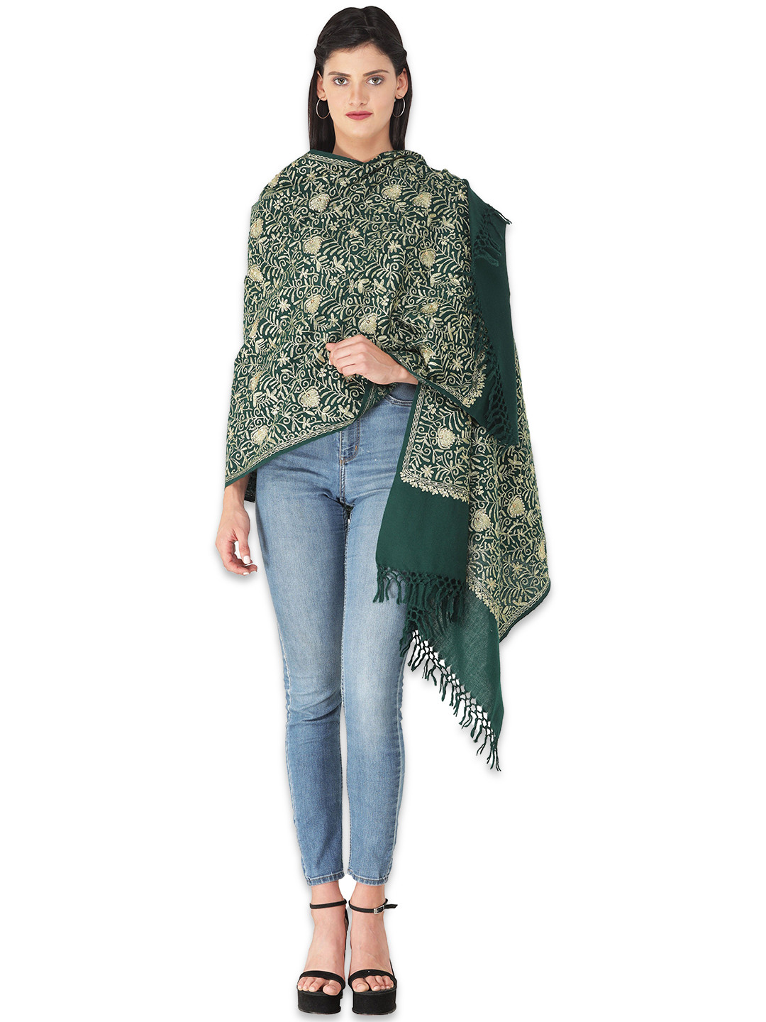 Exotic India Dark Green Pure Wool Stole with Golden Wire Embroidery and Sequins