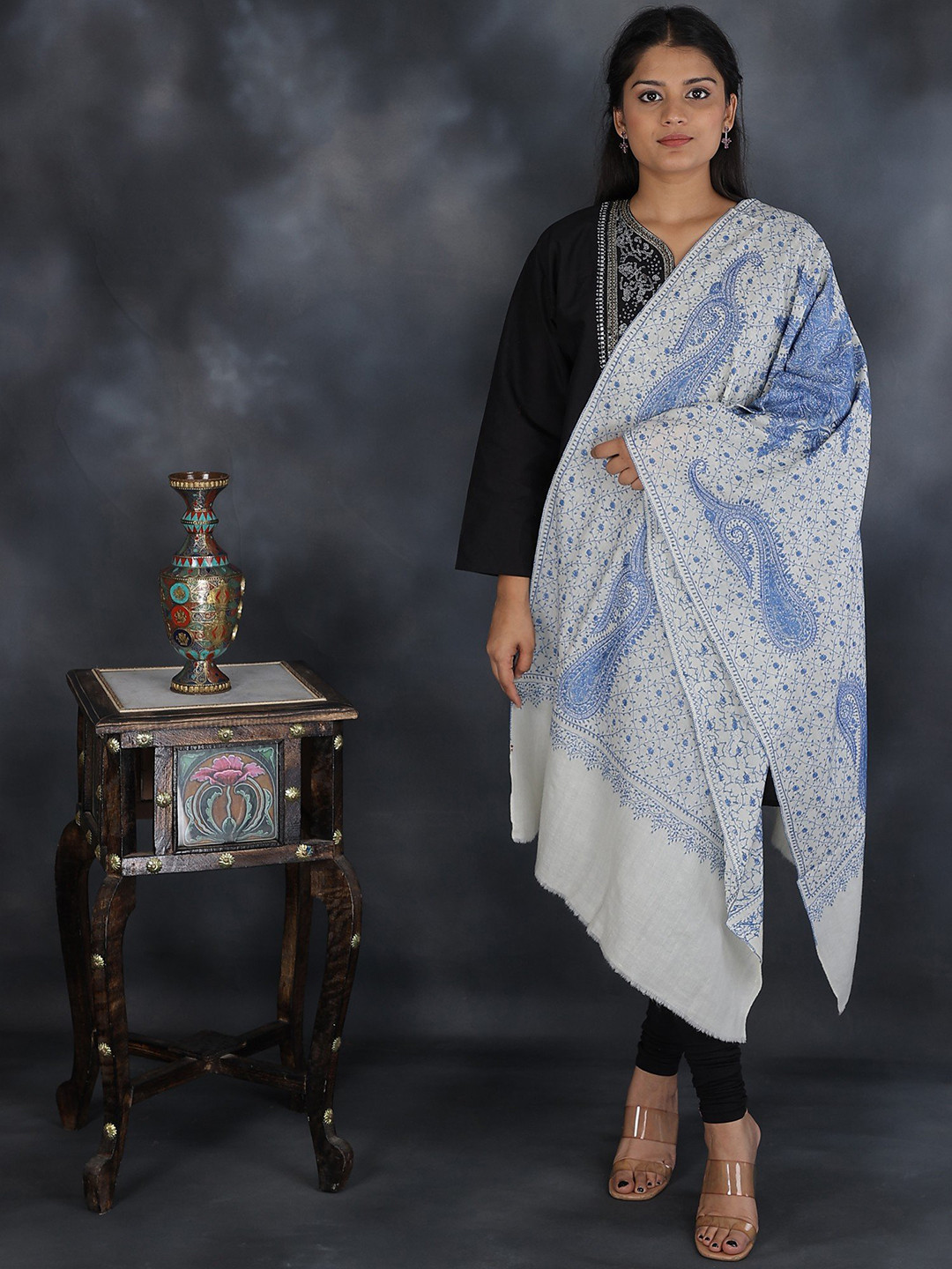 Exotic India Ivory And Blue Pure Wool Sozni Hand Embroidered Paisley Kashmiri Tusha Stole
