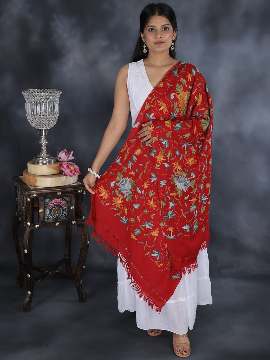 Exotic India Tango Red Pure Wool Floral Aari Hand-Embroidered Kashmiri Stole