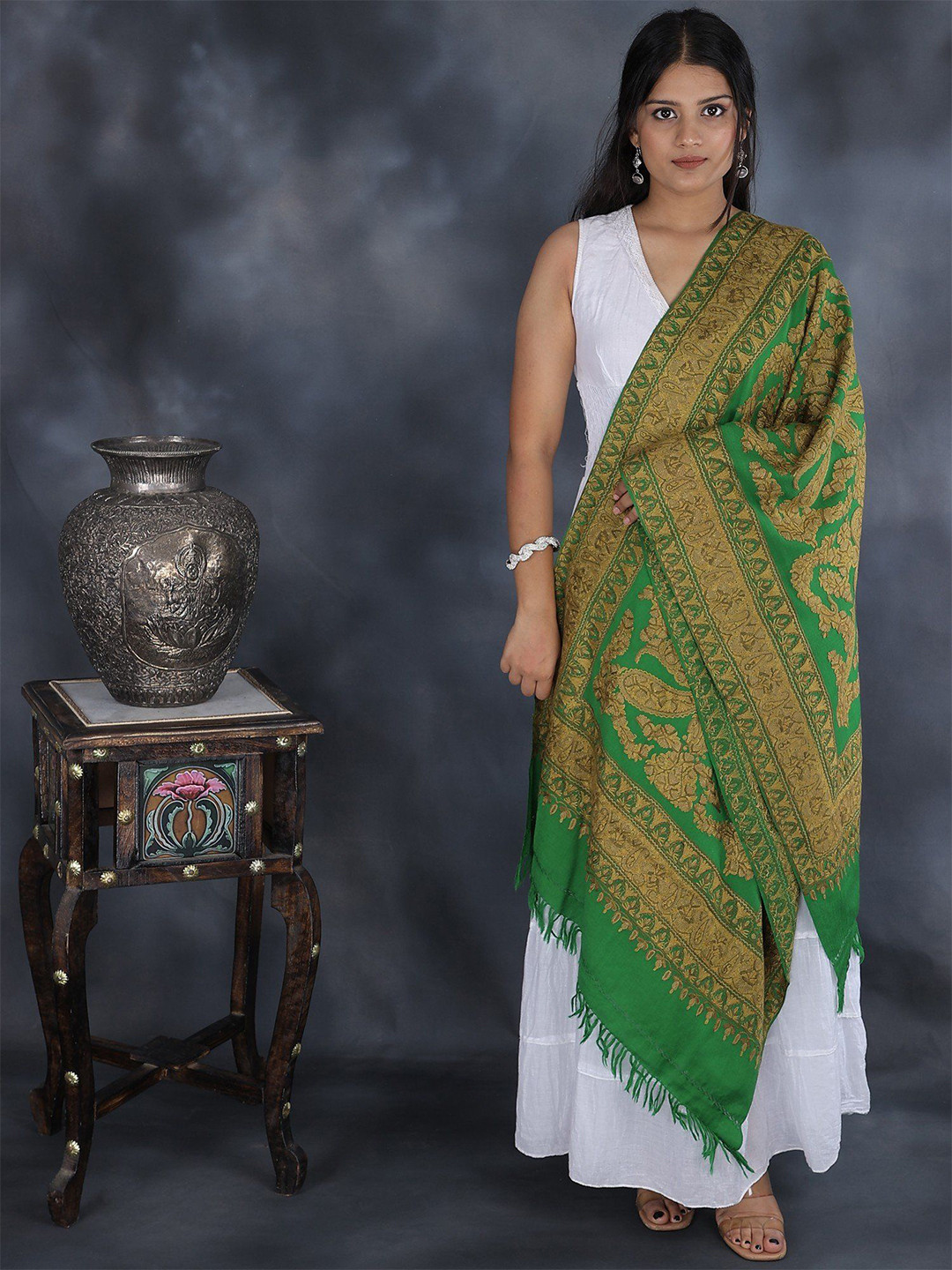 Exotic India Mint Green Aari-Embroidered Paisleys by Hand Pure Wool Kashmiri Stole