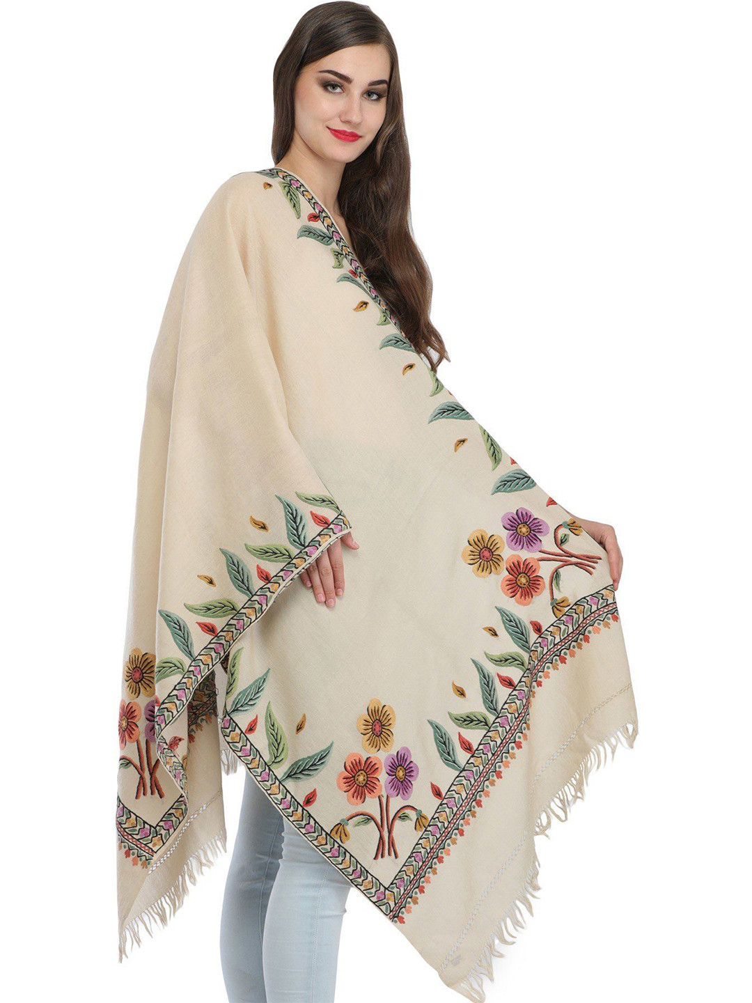 Exotic India Oyster White Pure Wool Kashmiri Stole with Aari Hand-Embroidery on Border