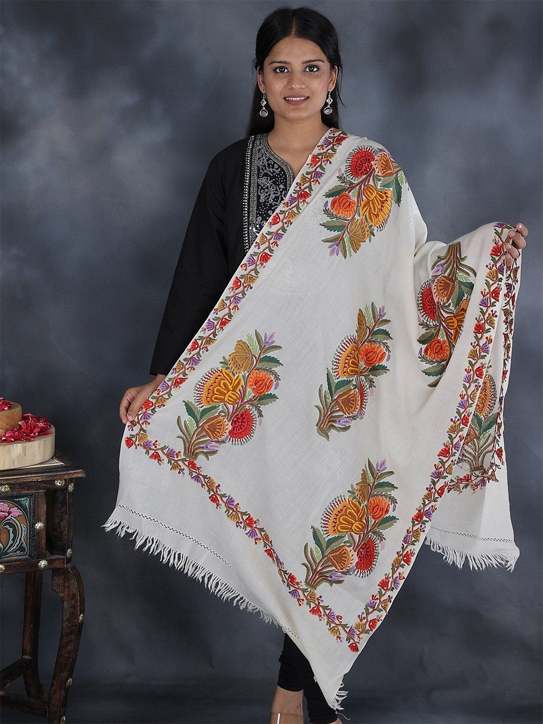 Exotic India Aari Hand-Embroidered Bouquet of Flowers Pure Wool Kashmiri Shawl