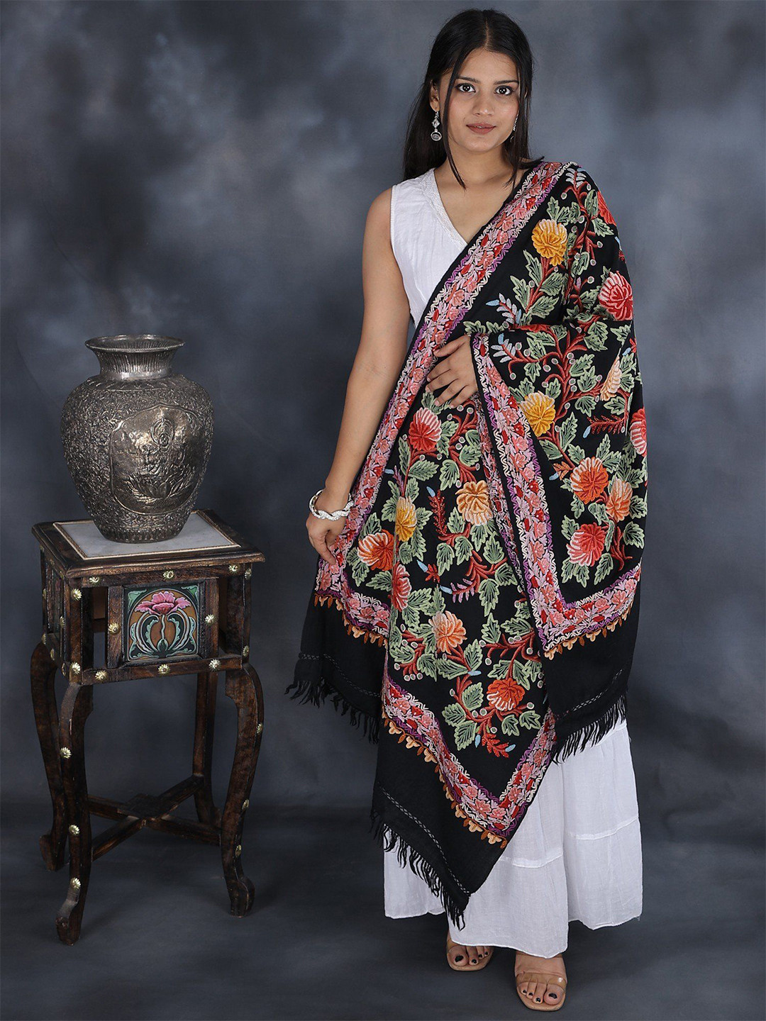 Exotic India Jet-Black Aari Hand-Embroidered Foliage Pure Wool Kashmiri Stole