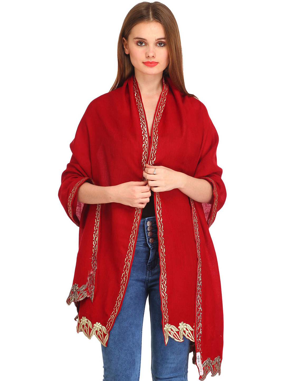 Exotic India Maroon Zari Thread-Embroidered Jagged Border Pure Wool Stole