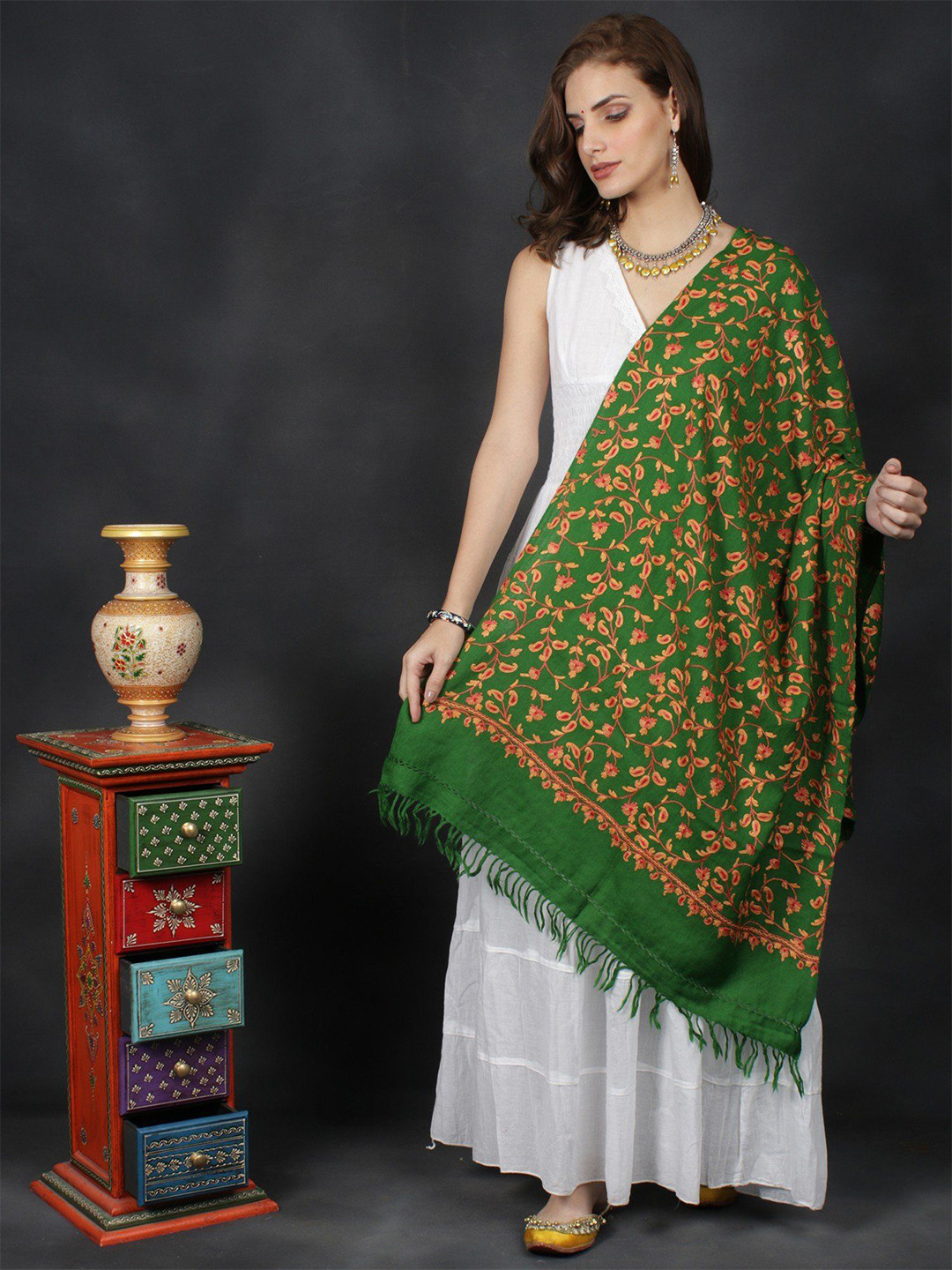 Exotic India Green Aari Embroidered Paisley Jaal by Hand Pure Wool Kahsmiri Stole