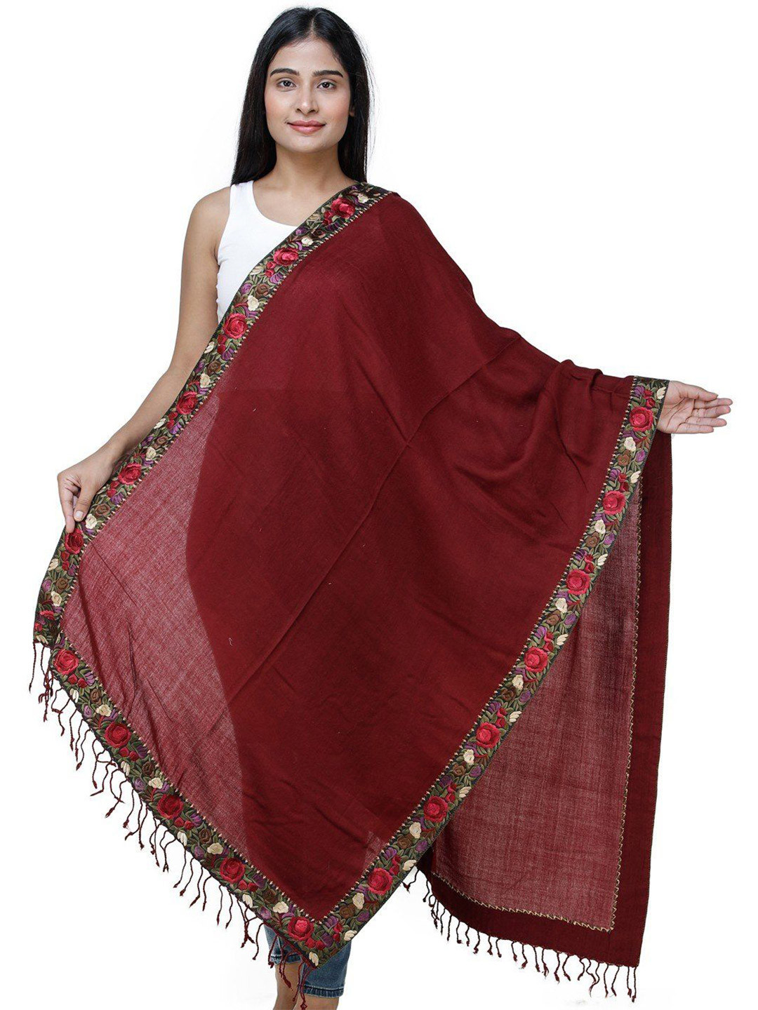 Exotic India Maroon Pure Wool Stole with Embroidered Floral Patch Border