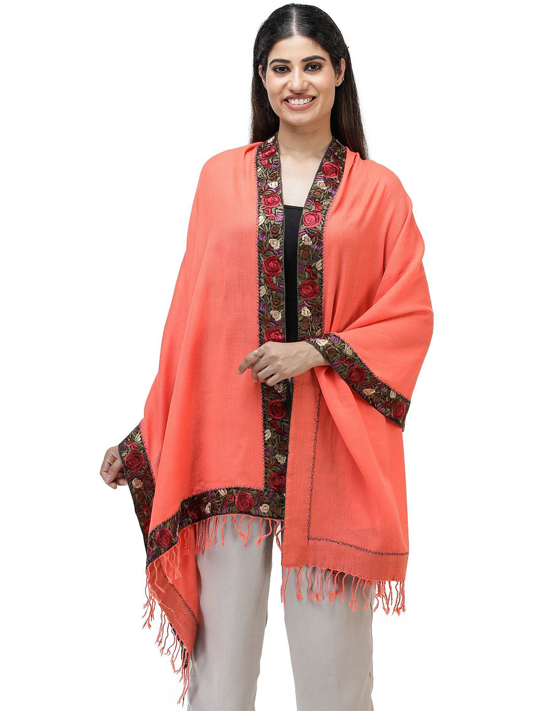 Exotic India Hot Coral Pure Wool Stole with Embroidered Floral Patch Border