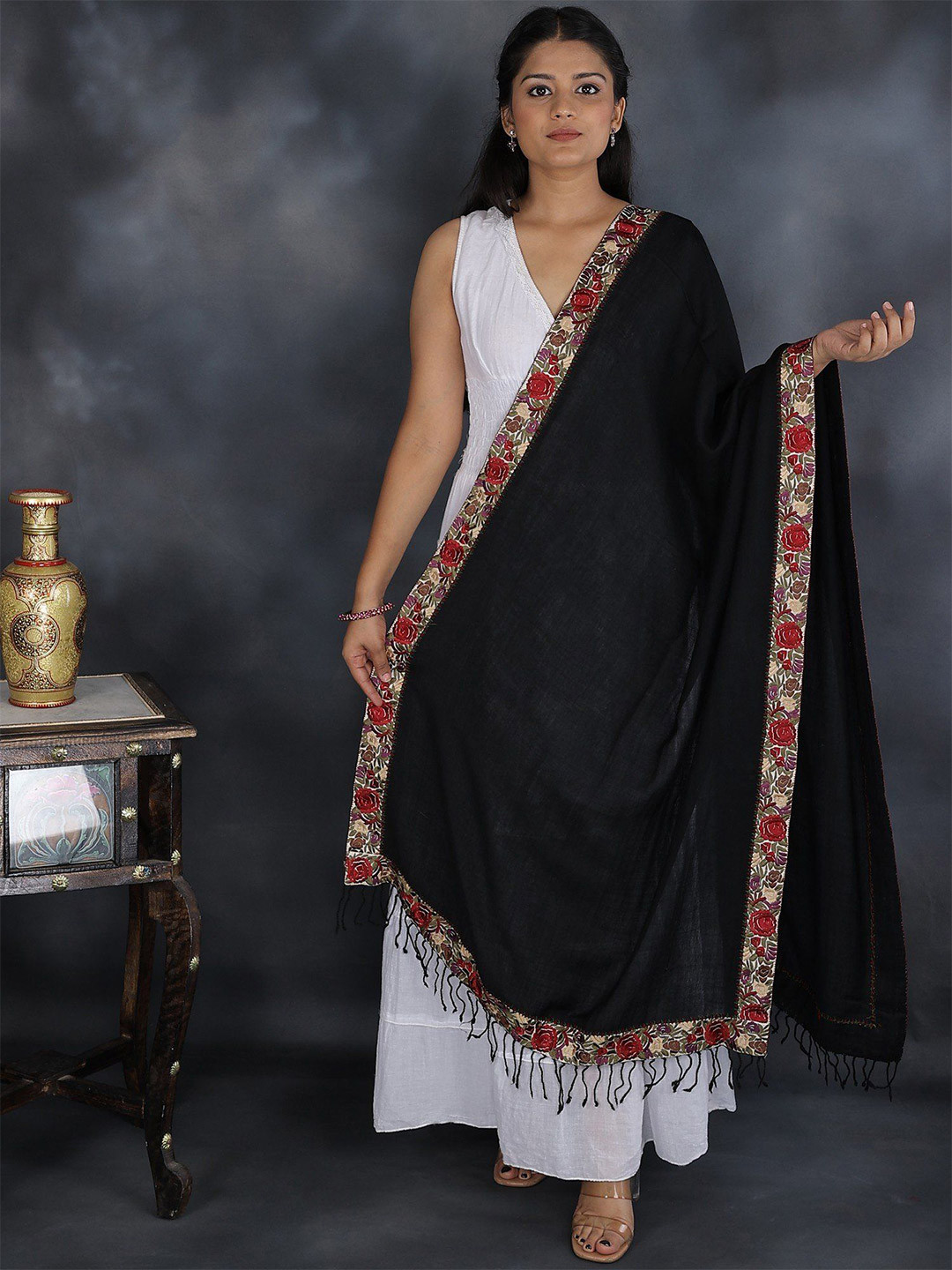 Exotic India Caviar Black Pure Wool Stole with Embroidered Floral Patch Border