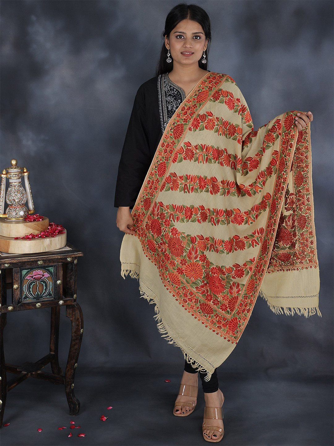 Exotic India Pure Wool Hand Embroidered Flowers Designer Kashmiri Stole