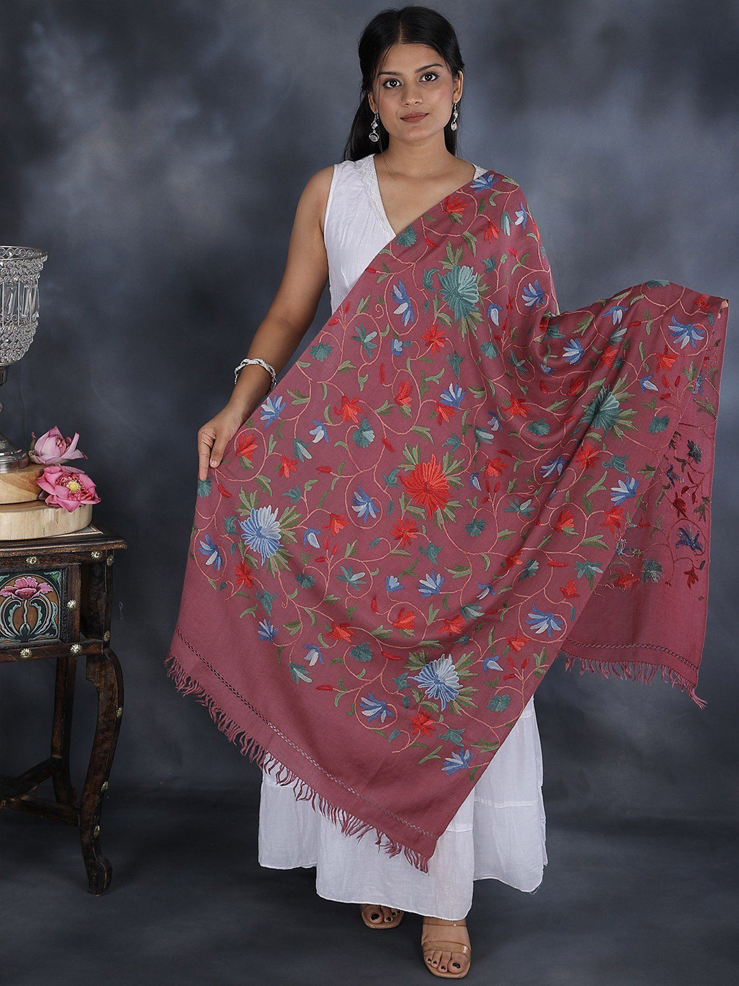 Exotic India Twilight Mauve Pure Wool Floral Aari Hand-Embroidered Kashmiri Stole