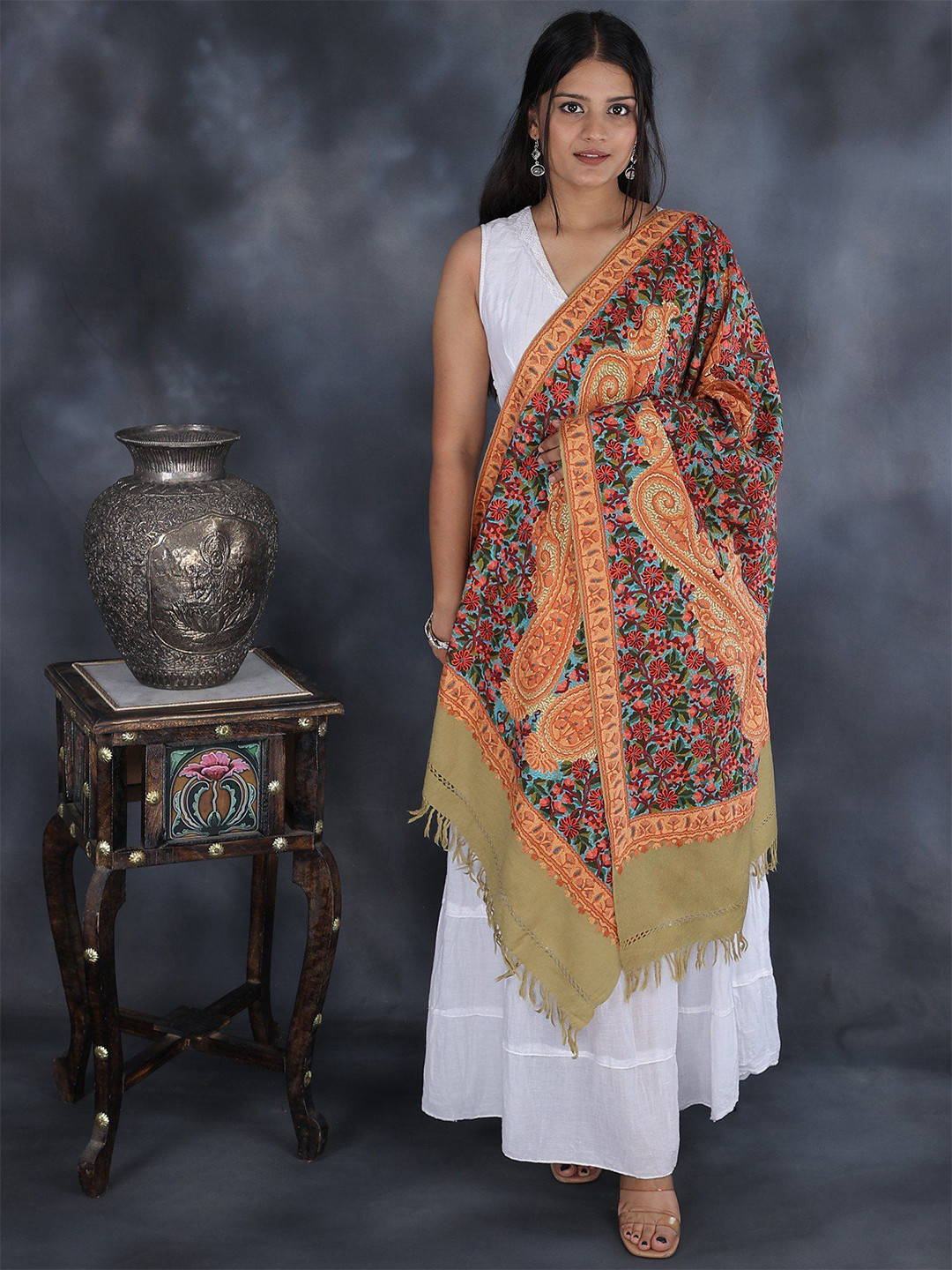 Exotic India Hemp Green Aari Hand-Embroidered Flowers & Bold Paisleys Kashmiri Stole