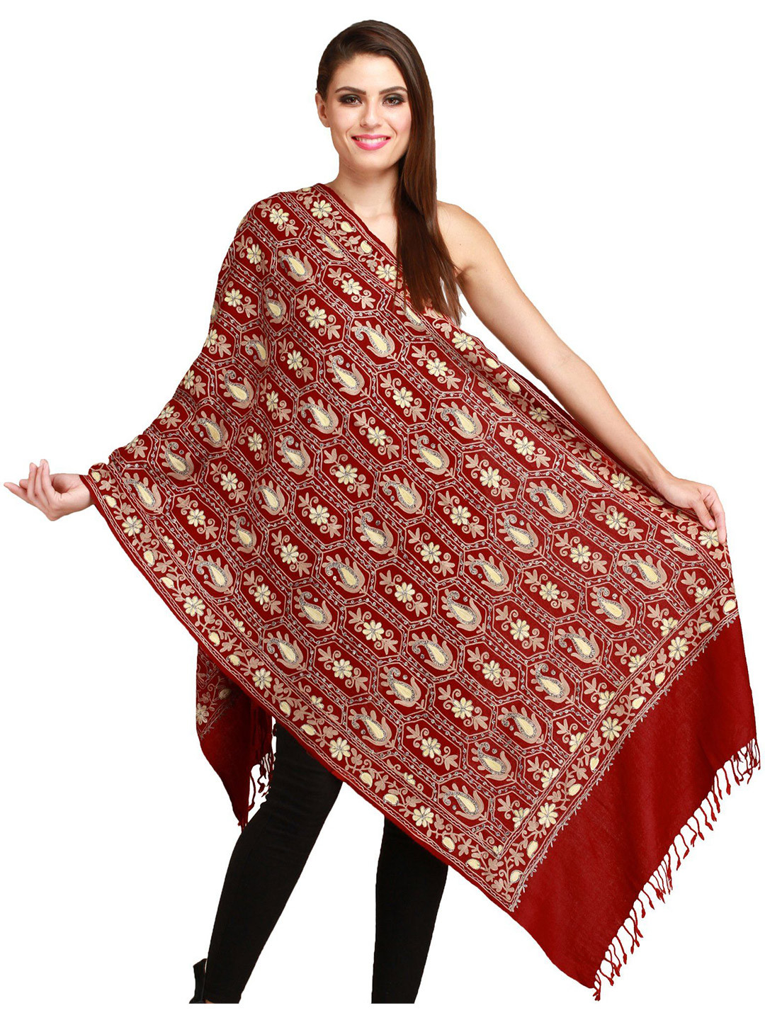Exotic India Maroon Aari-Embroidered Paisleys Pure Wool Stole