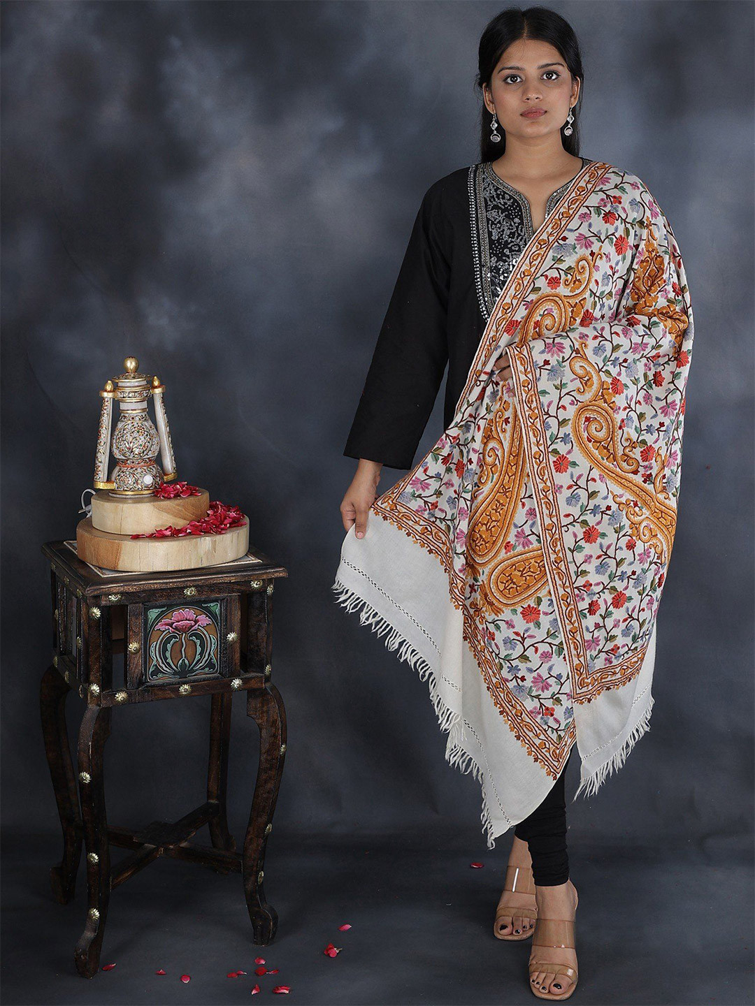 Exotic India Aari Hand-Embroidered Flowers and Paisleys Pure Wool Kashmiri Stole