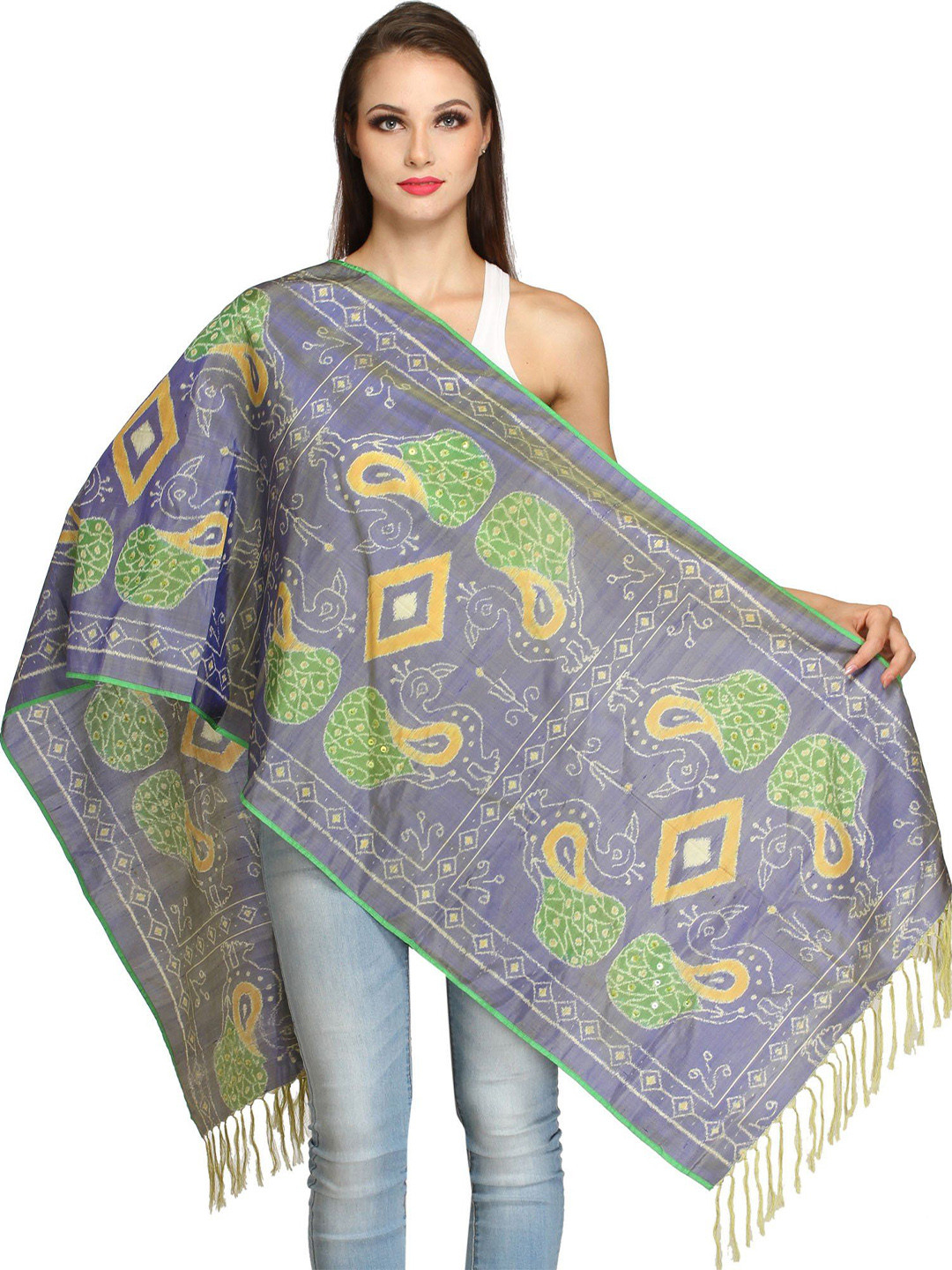 Exotic India Tempest Blue Ikat Woven Peacocks Handloom Stole with Embroidered Beads