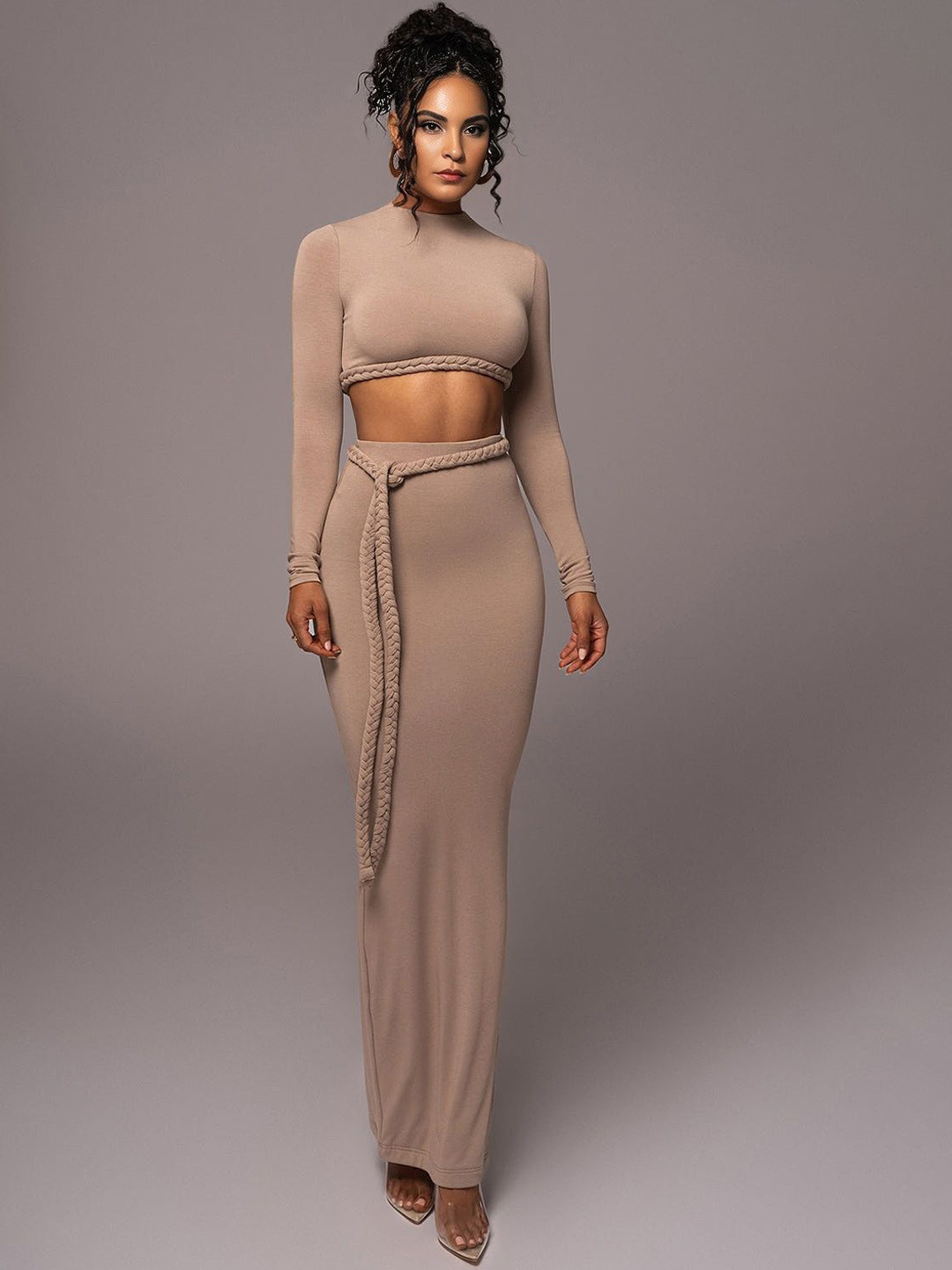 Bee Boe Self Design Round Neck Long Sleeves Top With Skirt