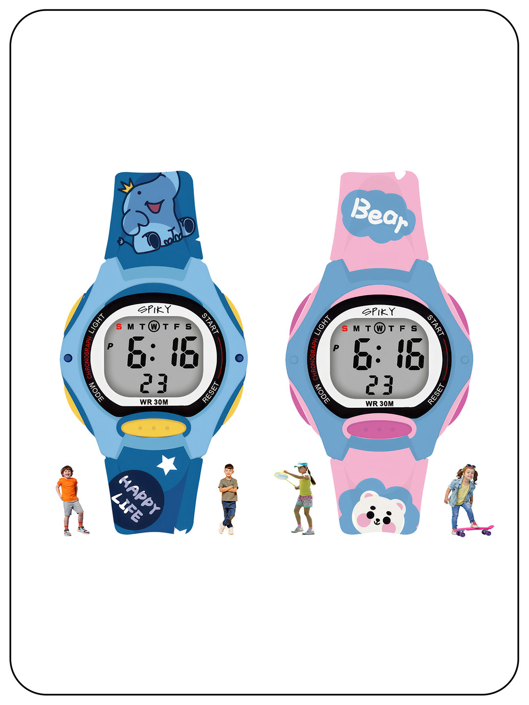 Spiky Kids Pack Of 2 Embellished Dial & Straps Digital Watch Combo_EVA18_BluPnk