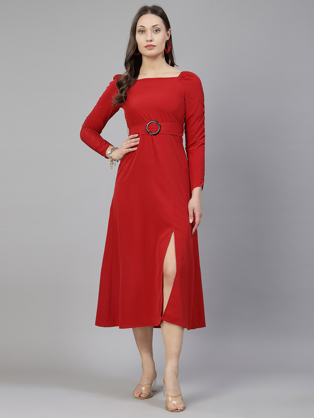 aayu Crepe Square Neck Smocked A-Line Midi Dress Comes With A Belt