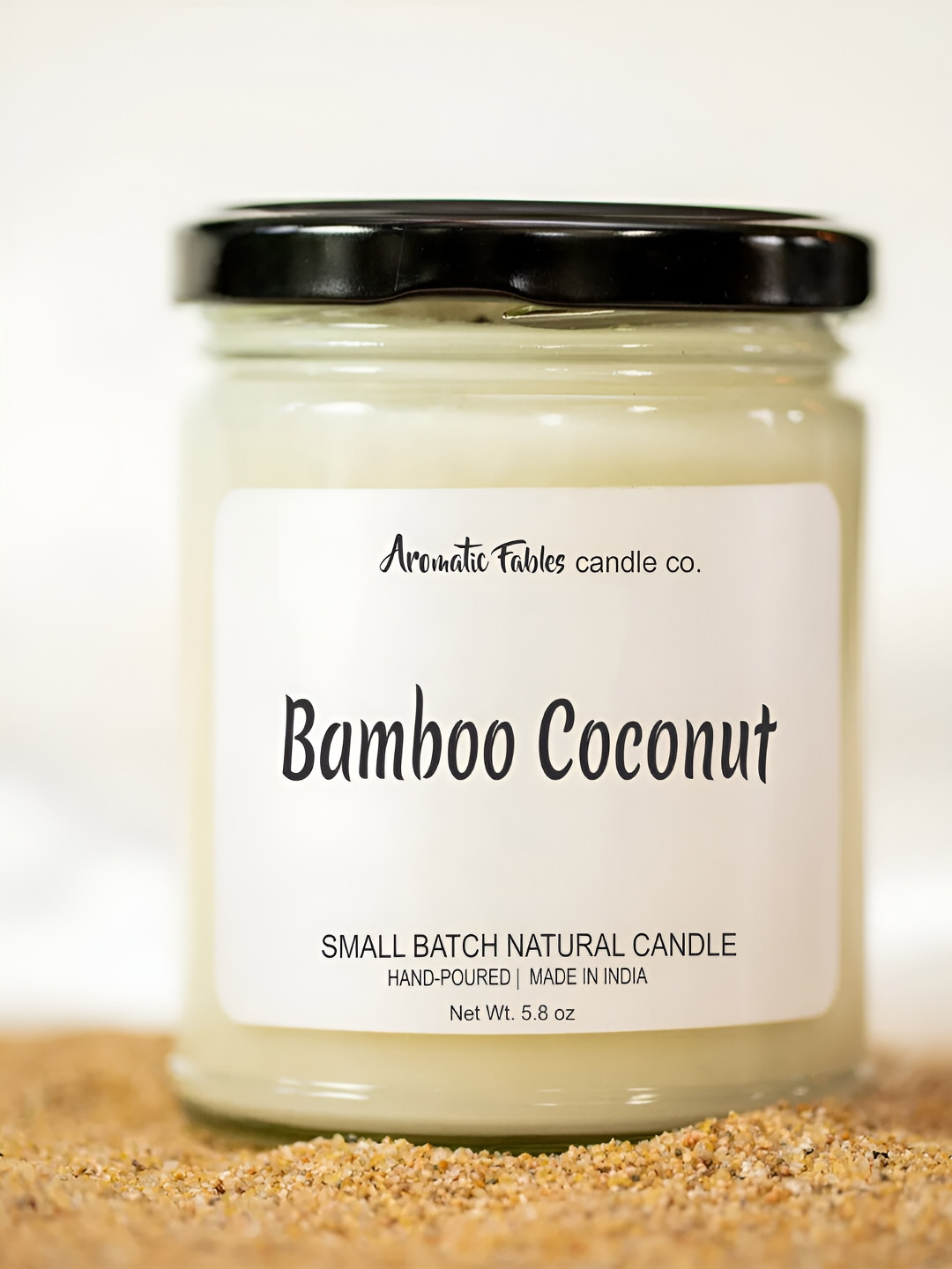 Aromatic Fables Glass Jar Candle with Black Lid Bamboo Coconut Solid Round Regular Candles