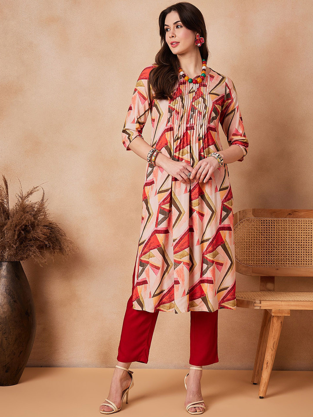 Sangria Red Geometric Printed A-Line Kurta With Trouser