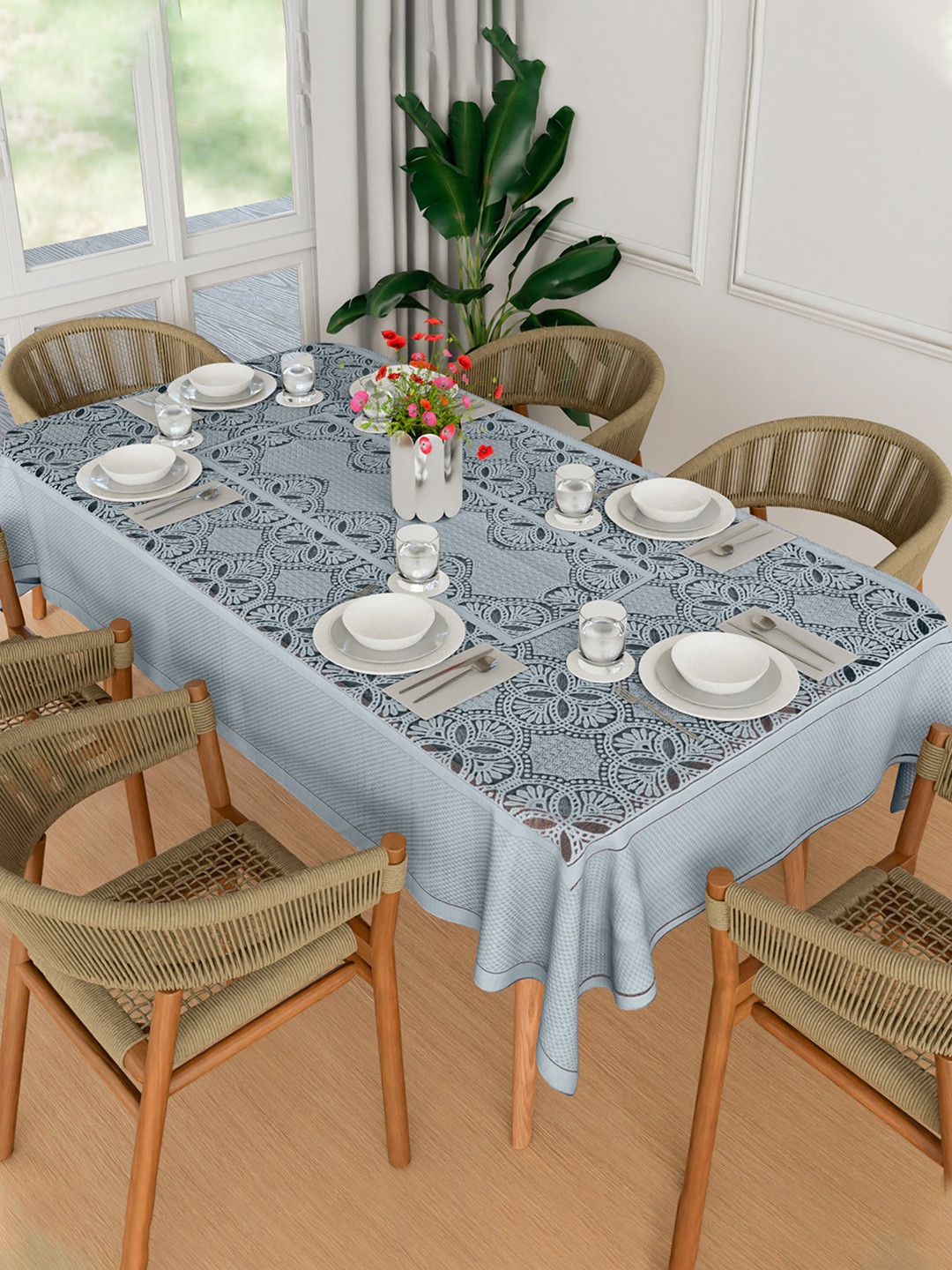 Kuber Industries Grey Floral Anti-Skid Cotton 6-Seater Table Cover & Embroidered details