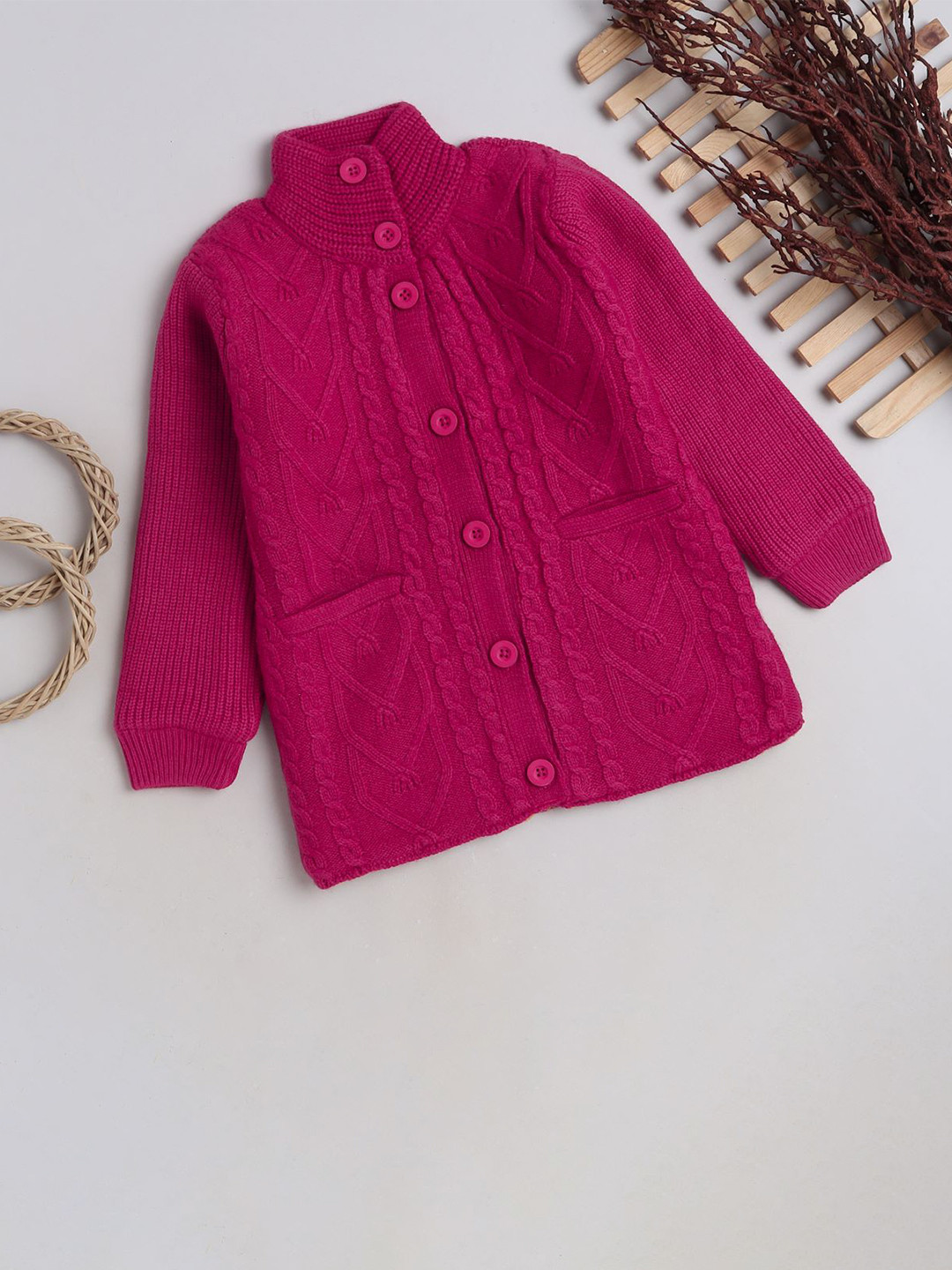 Yellow Apple Girls Cable Knit Turtle Neck Woollen Cardigan