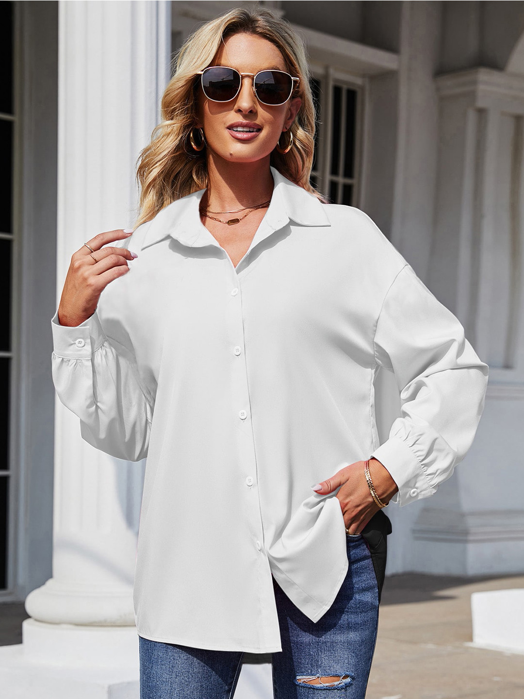 White Relaxed Fit Spread Collar Casual Shirt