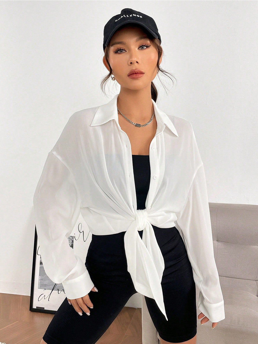 Oversized White Solid Casual Shirt with Long Sleeves