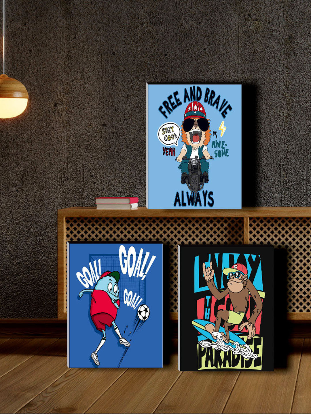 Aura Blue Wood 3 Pcs Wall Kids Room Rectangle Potrait Paintings Wall Art -8.66 x 11.97In