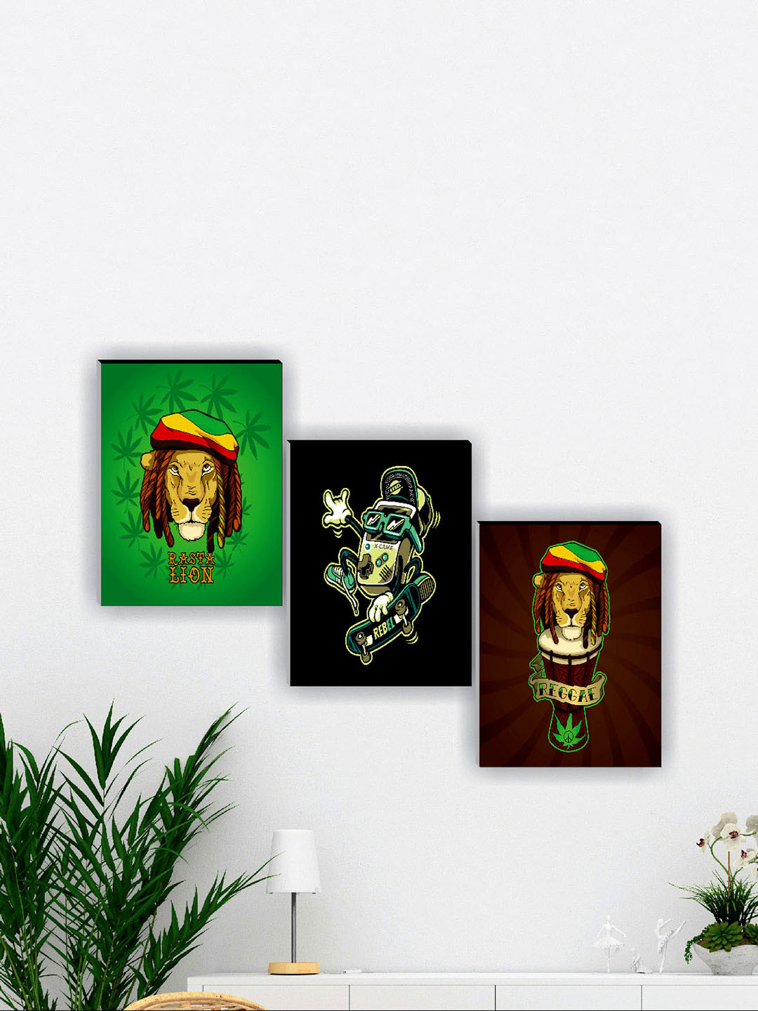 Aura Black & Green 3 Piece Wood Cartoon Characters Wall Art