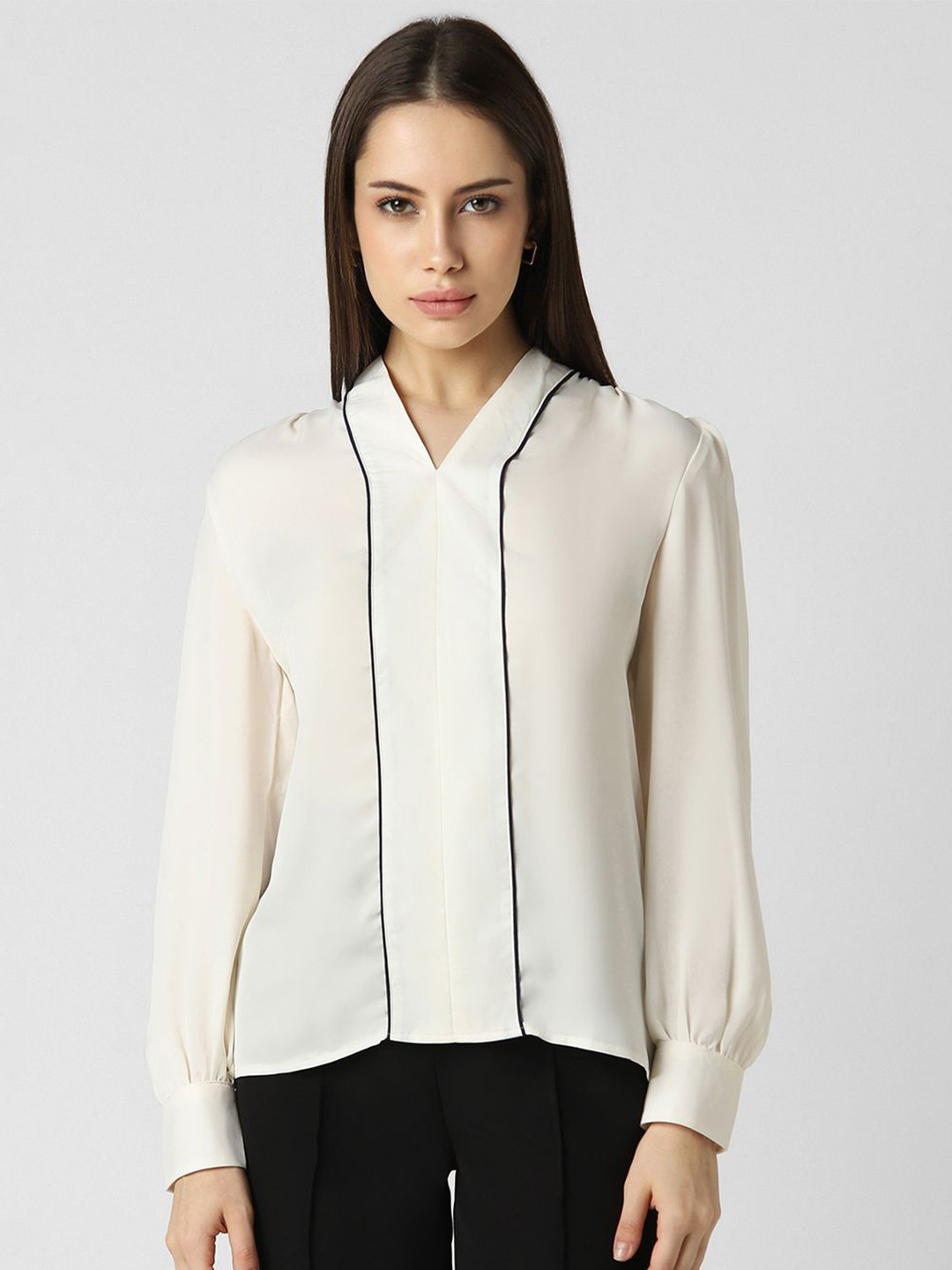 Van Heusen Woman V Neck Cuffed Sleeves Shirt Style Top