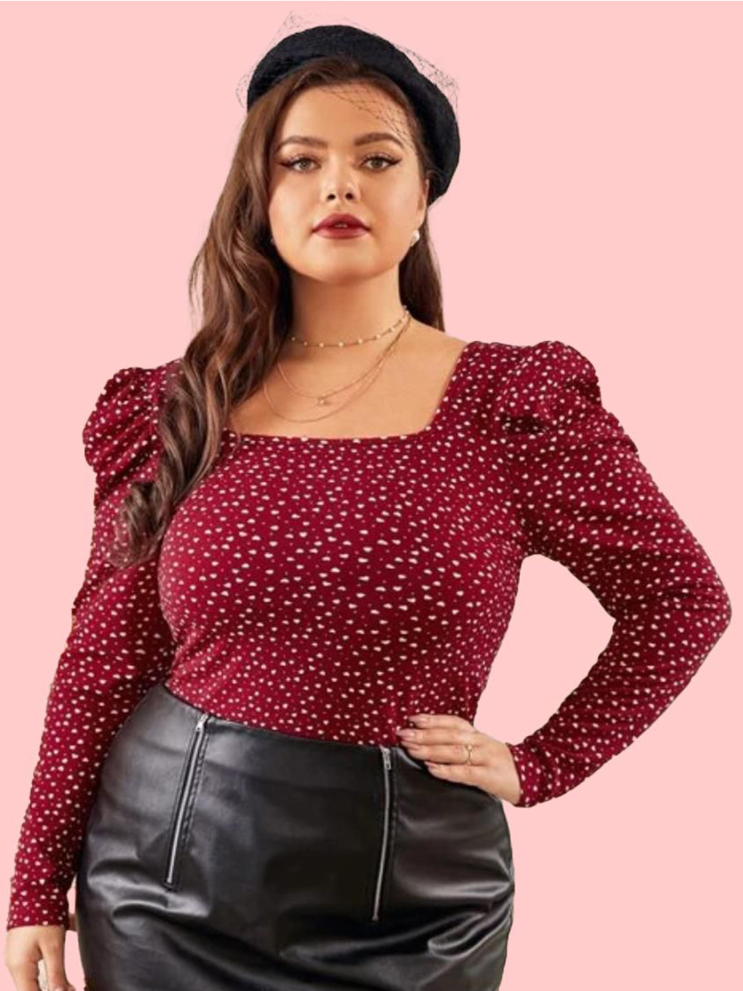 CURVE BY KOTTY Plus Size Polka Dot Printed Puff Sleeve Crepe Top