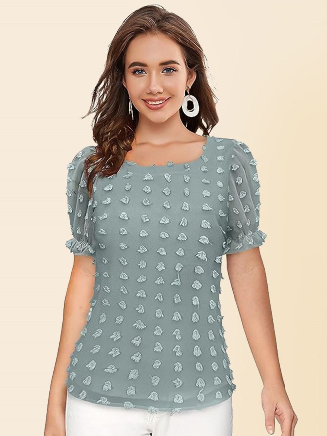 TOOCHKI Geometric Printed Puff Sleeve Fringed Georgette Top