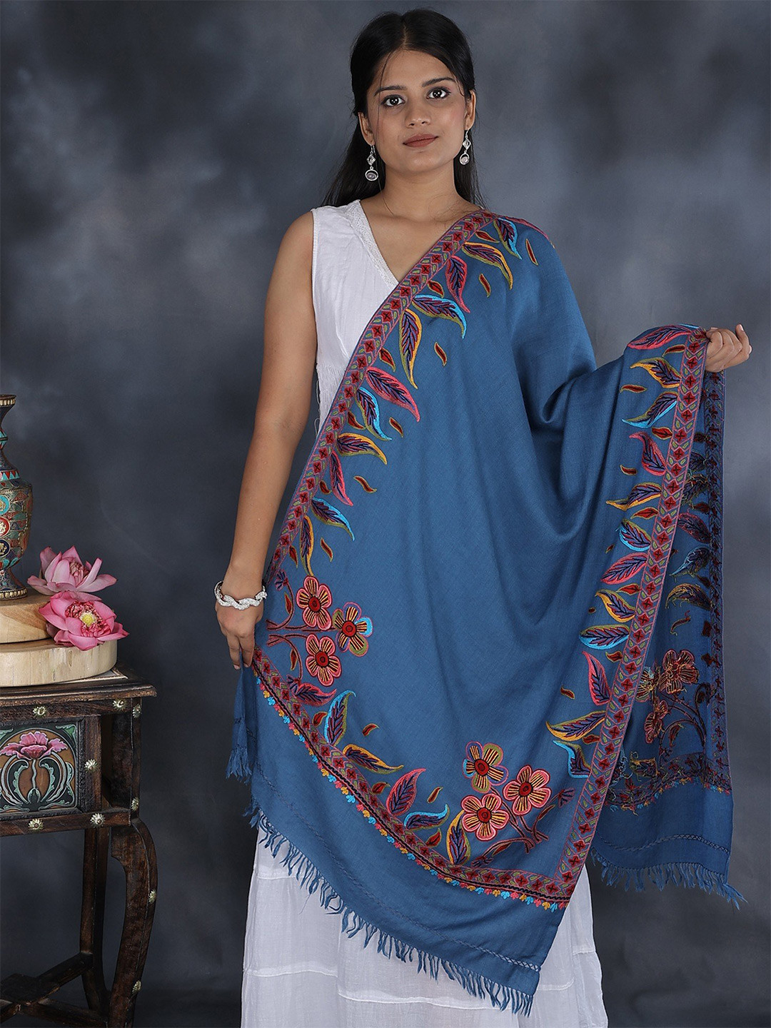Exotic India Moonlight Blue Pure Wool Kashmiri Stole with Aari Hand-Embroidery Border
