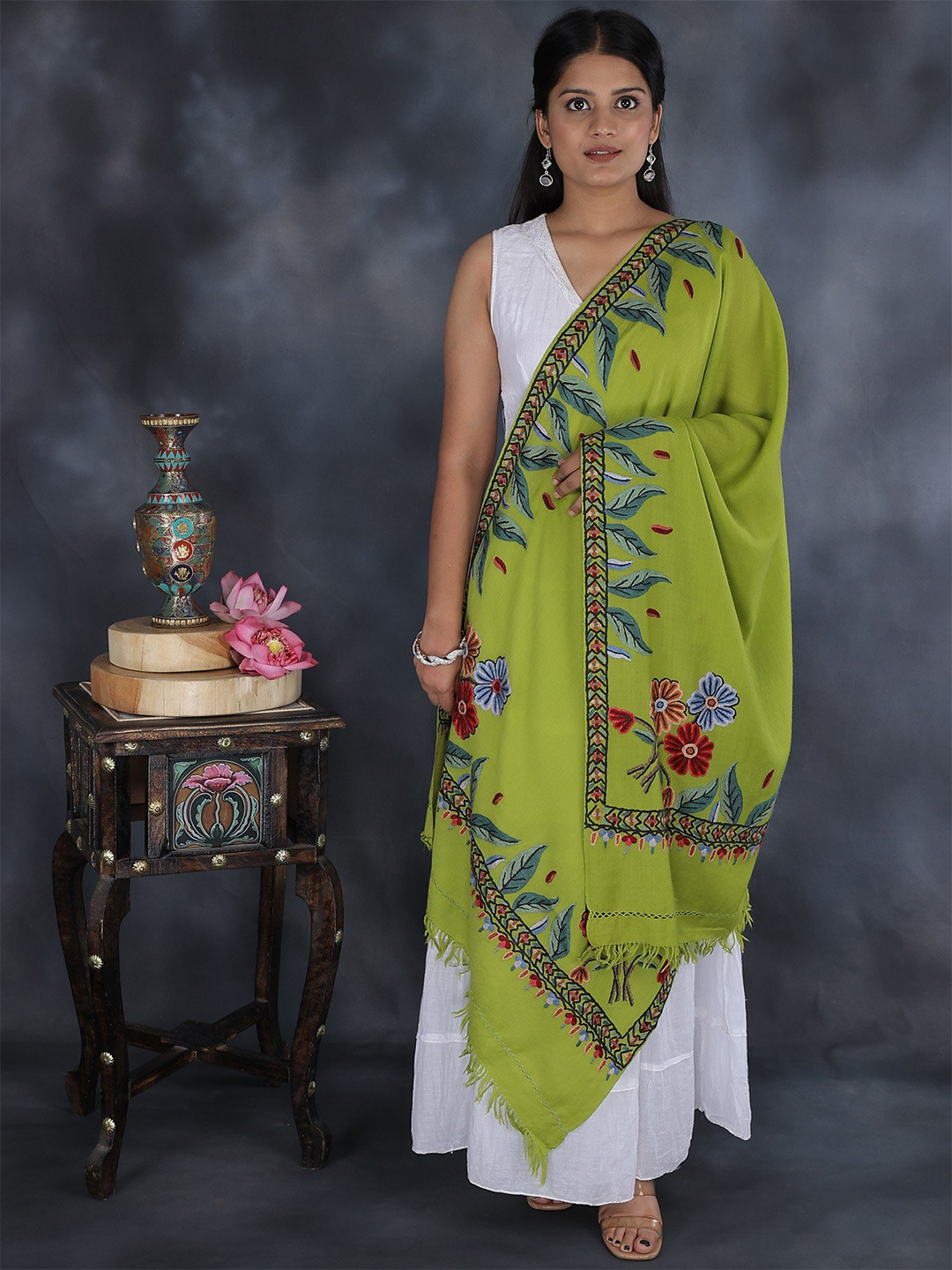 Exotic India Spinach Green Pure Wool Kashmiri Stole with Aari Hand-Embroidery on Border