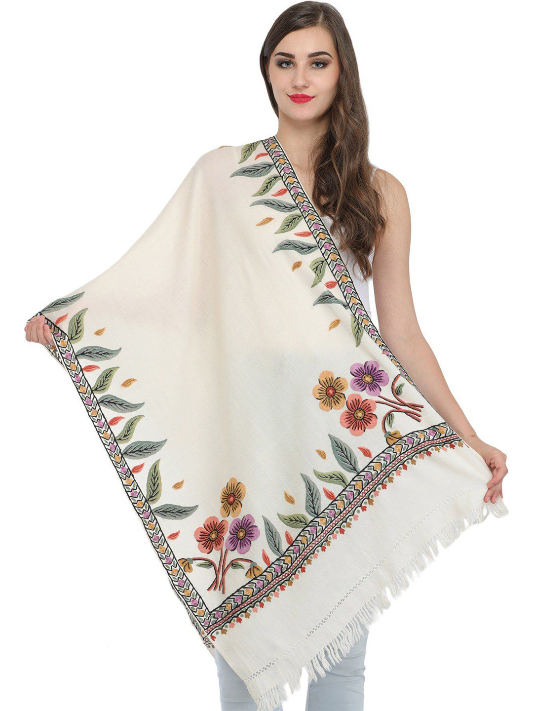 Exotic India Off White Pure Wool Kashmiri Stole with Aari Hand-Embroidery on Border