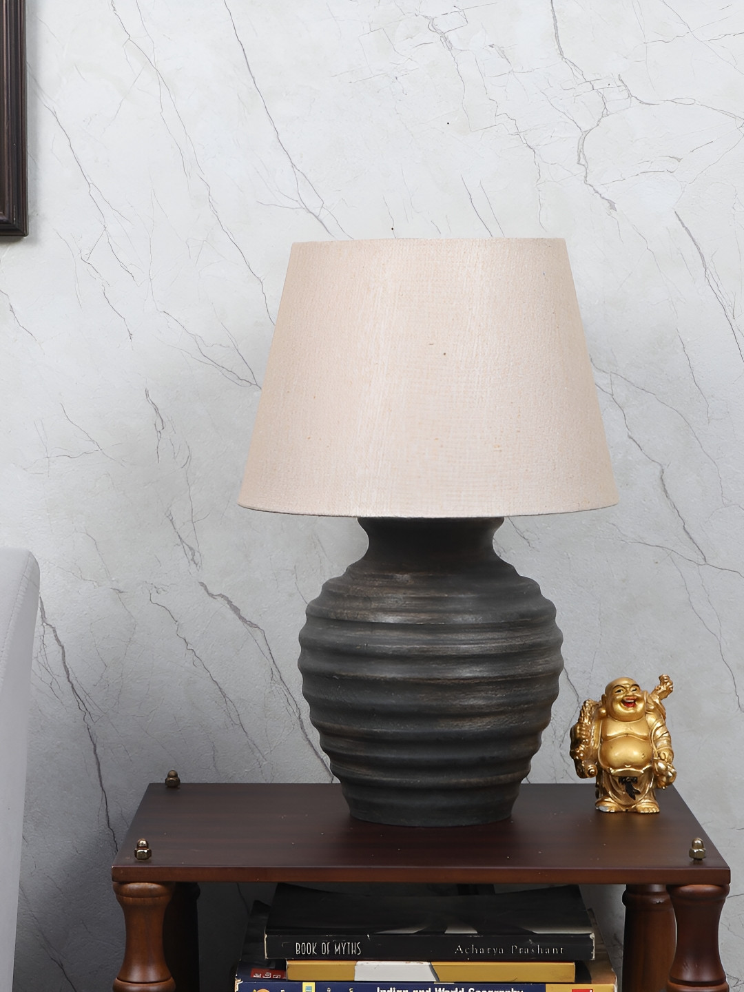 TU CASA Grey & Beige Wooded Frustum Shaped Table Lamp