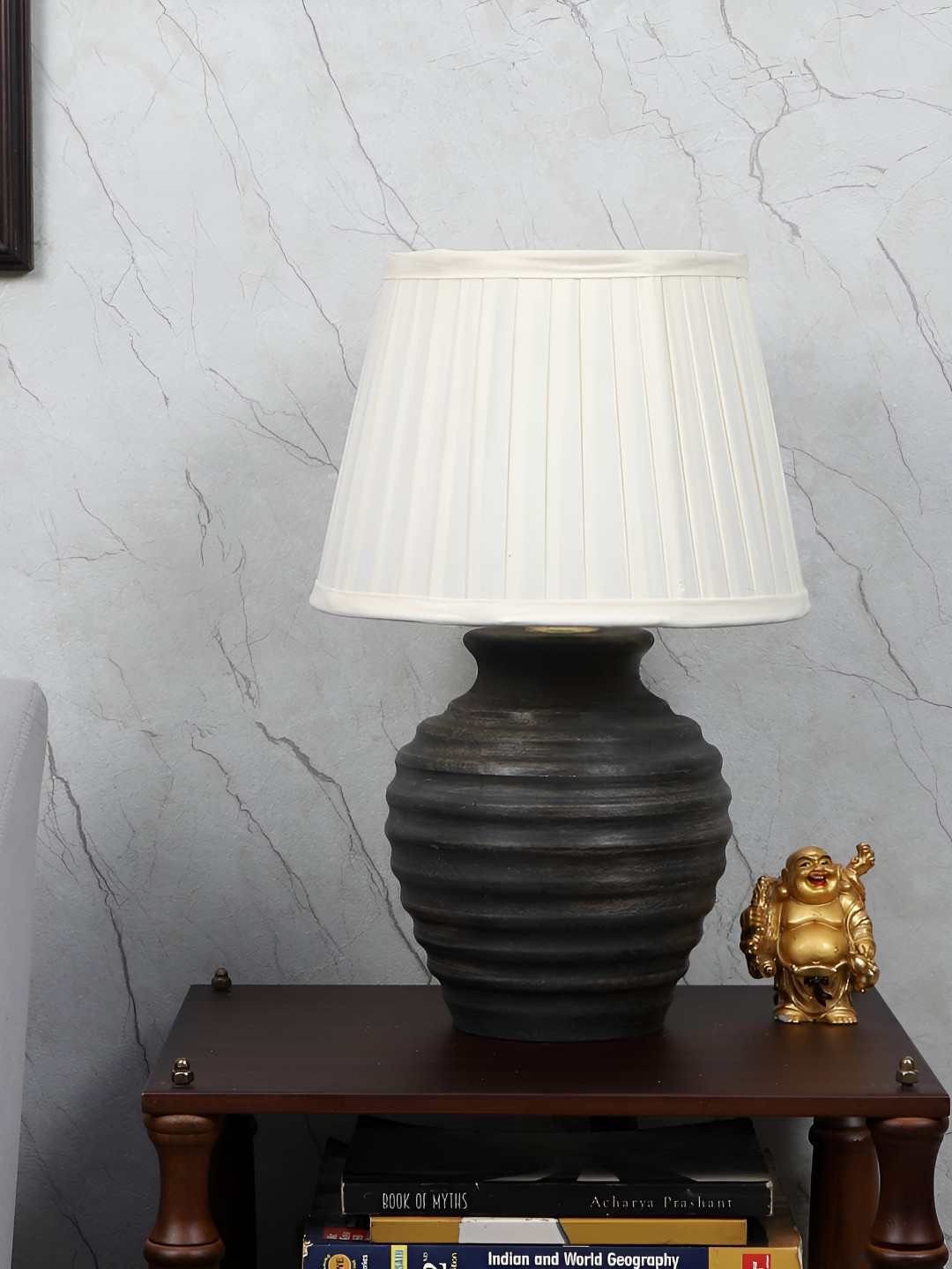 TU CASA Grey & White Wooden Frustum Shaped Table Lamp