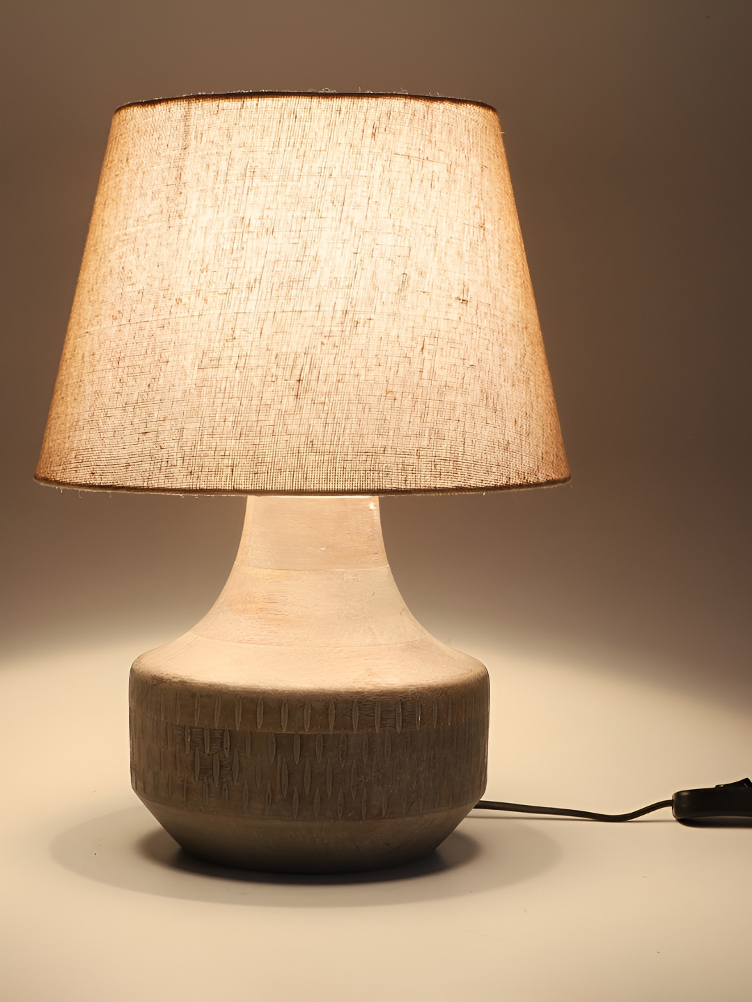 TU CASA Off White Frustum Shaped Wooden Table Lamp