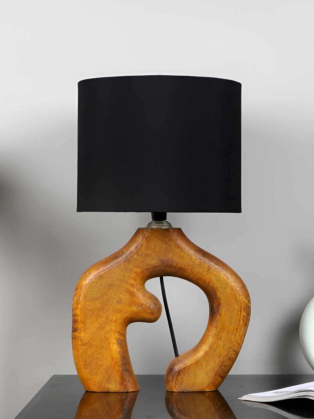 TU CASA Tan Iron Cylindrical Shaped Wooden Table Lamp