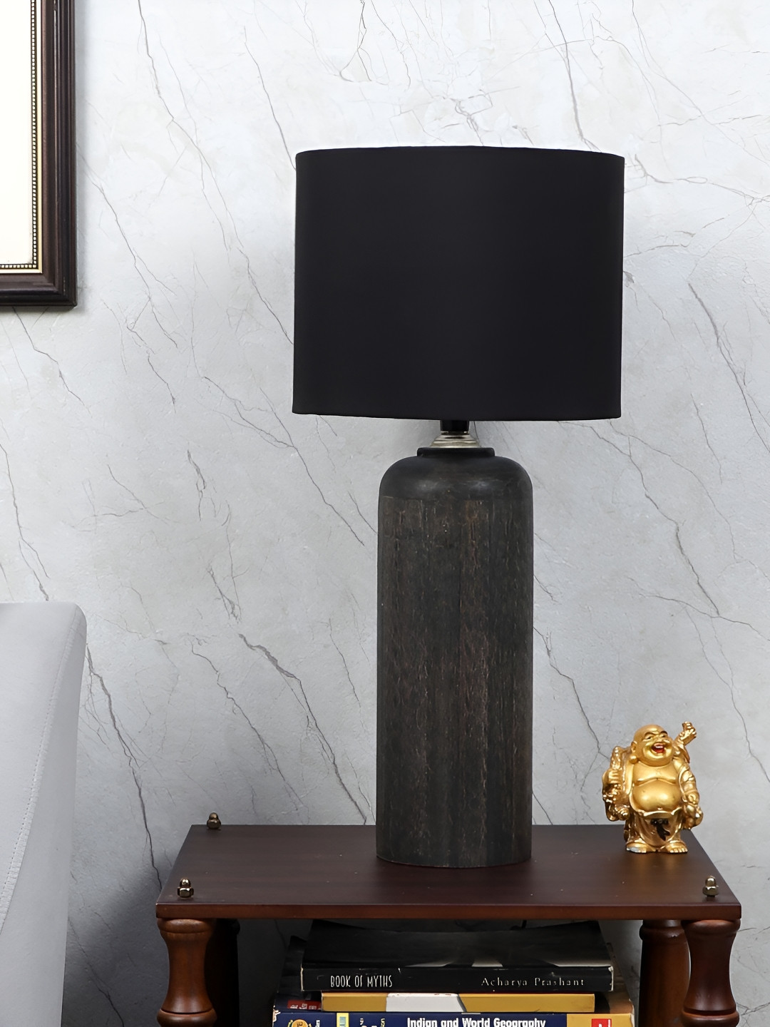 TU CASA Grey & Black Wooden Cylindrical Shaped Table Lamp