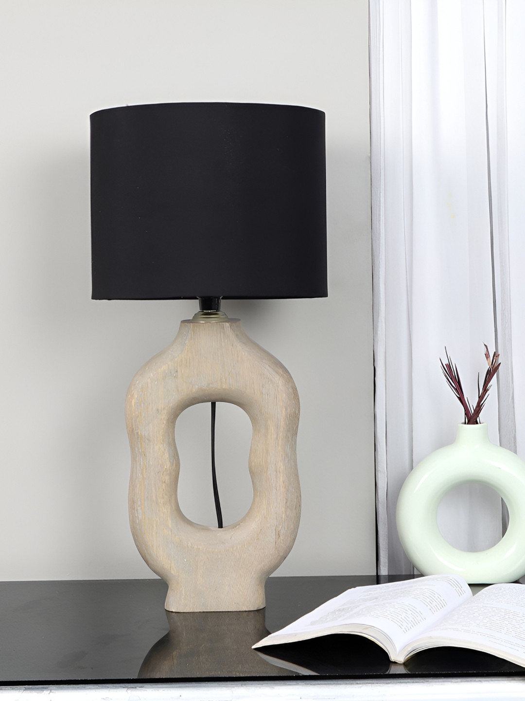 TU CASA Beige & Black Wooden Cylindrical Shaped Table Lamp