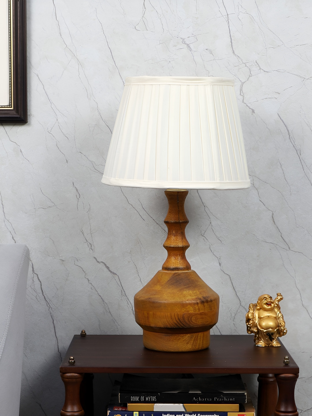 TU CASA Tan & White Textured Wooden Frustum Shaped Table Lamp