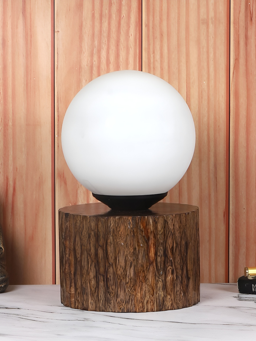 TU CASA Brown & White Wooden Cylindrical Shaped Table Lamp