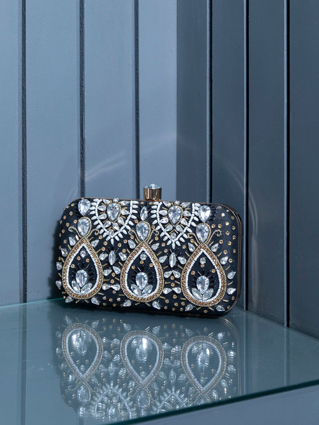 THE TAN CLAN Kalah Embroidered Pearls Beaded Box Clutch