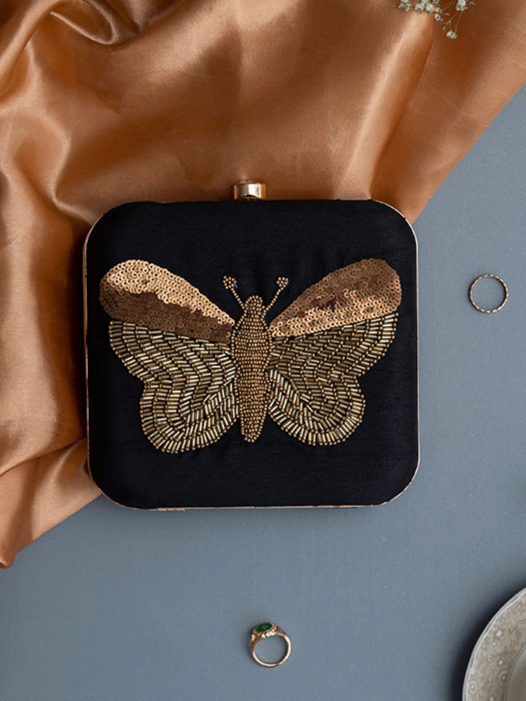 THE TAN CLAN NIgah Square Embroidered Butterfly Box Clutch