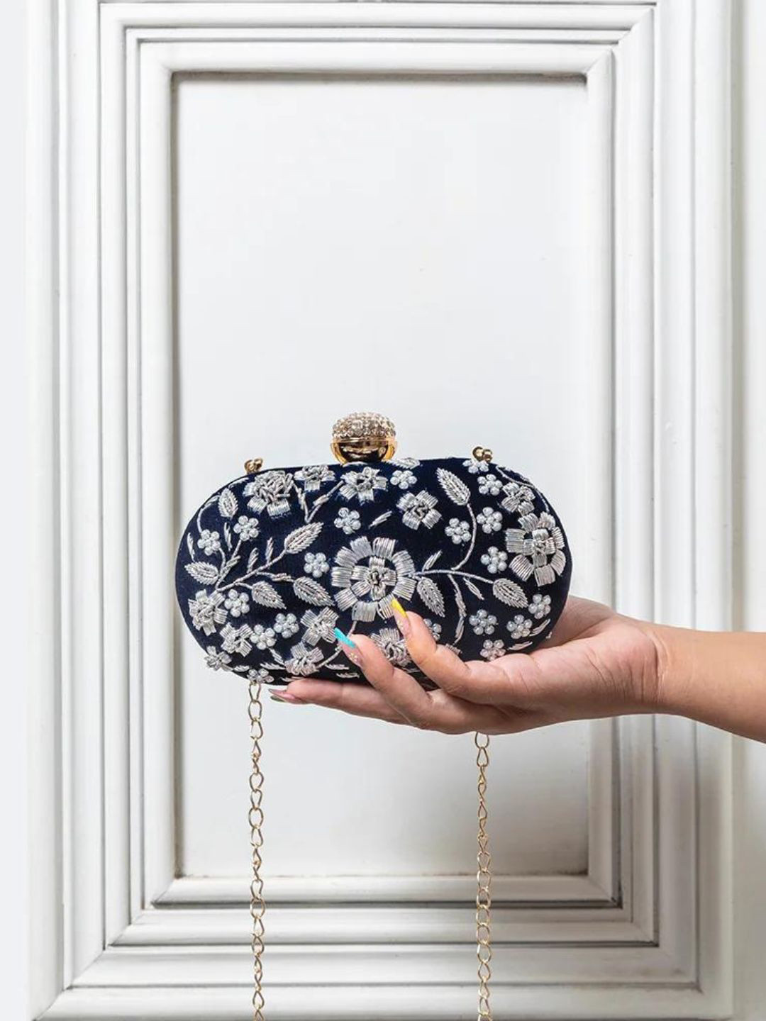 THE TAN CLAN Baiza Floral Embroidered Beads & Stones Box Clutch