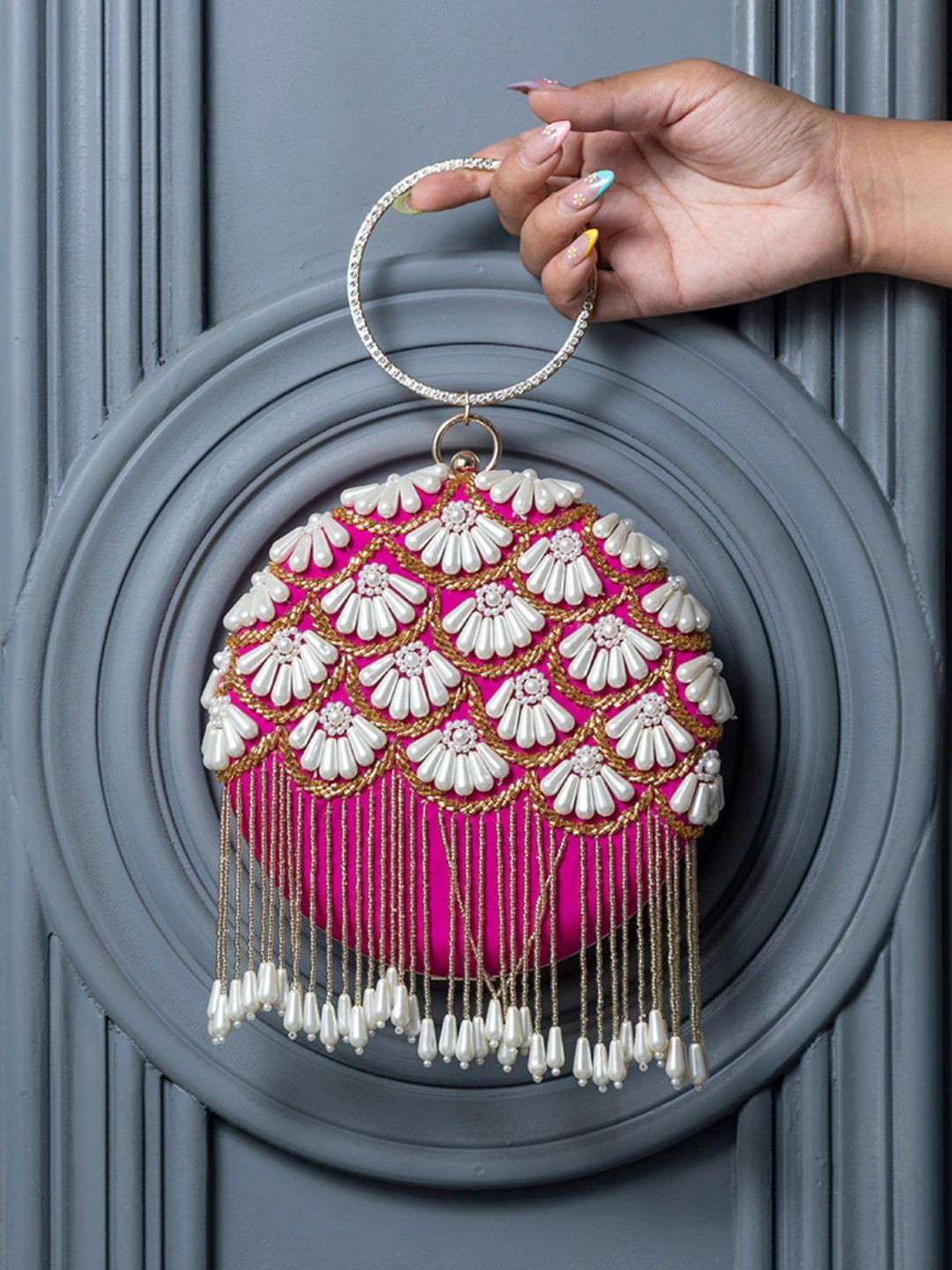 THE TAN CLAN Irsa Embroidered Tasselled Box Clutch With Pearls Beaded